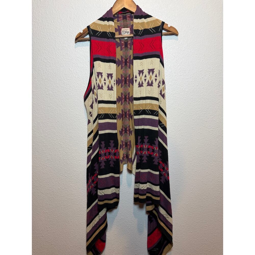 Como Vintage Aztec Tribal Draped Open Front Vest Cardigan Boho Western L
